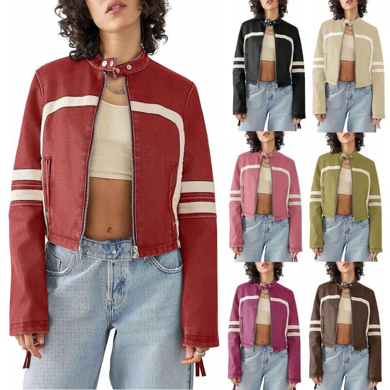 Fashion Leather Jacket for Women Waist Short Zipper Biker Short Bomber Moto Coat Cropped Jackets