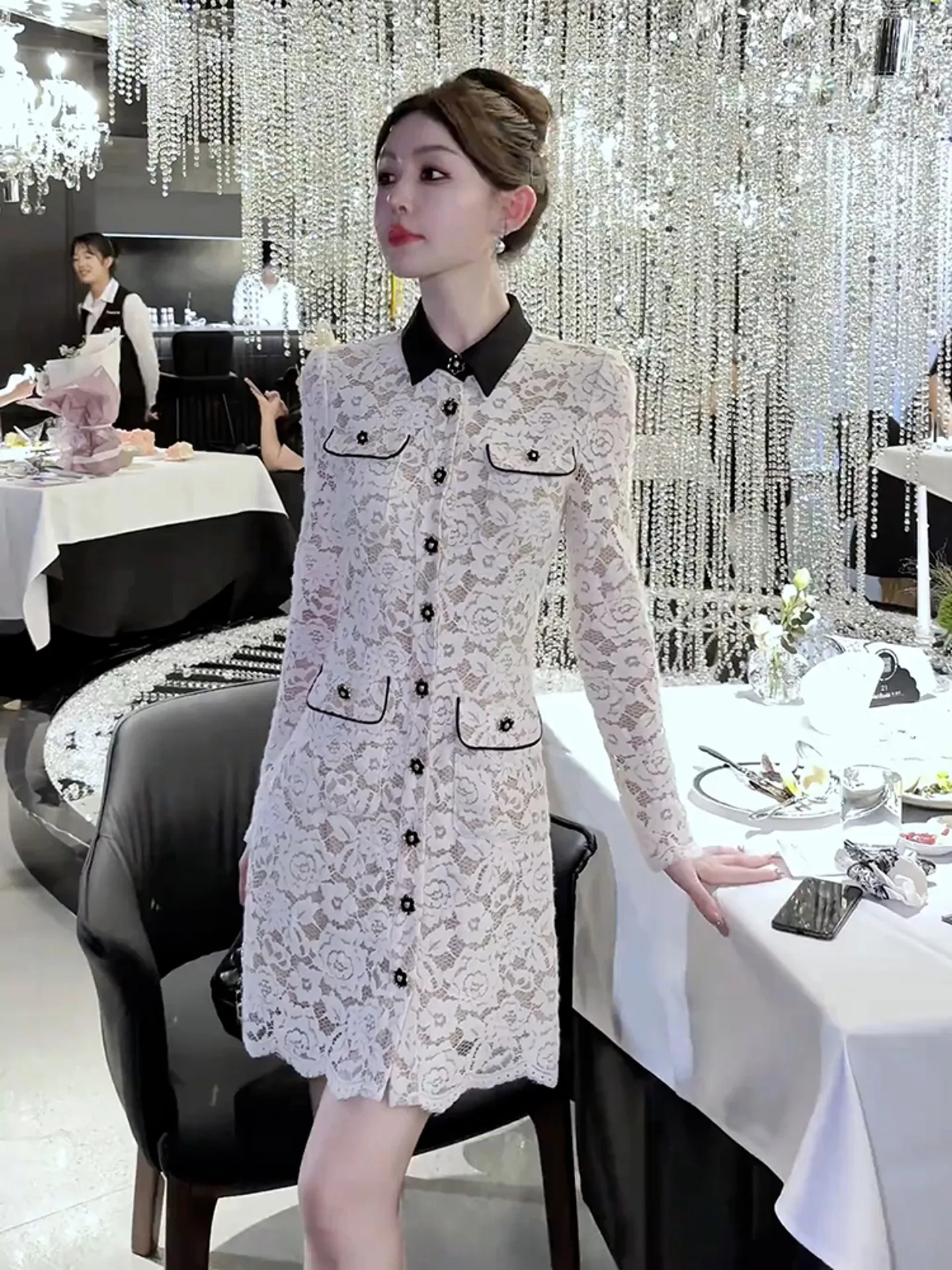 

Ele Белый кружевной платье трапециевидной формы с высокой талией для важных случаев Весенняя мода Высокая футболка Miss Rich Girl