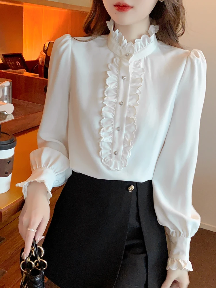 Chic Ruffles Collar Long Sleeve White Shirts Women Puff Sleeve Loose Casual Tops Office Ladies Blouse Spring Autumn Tops Shirts