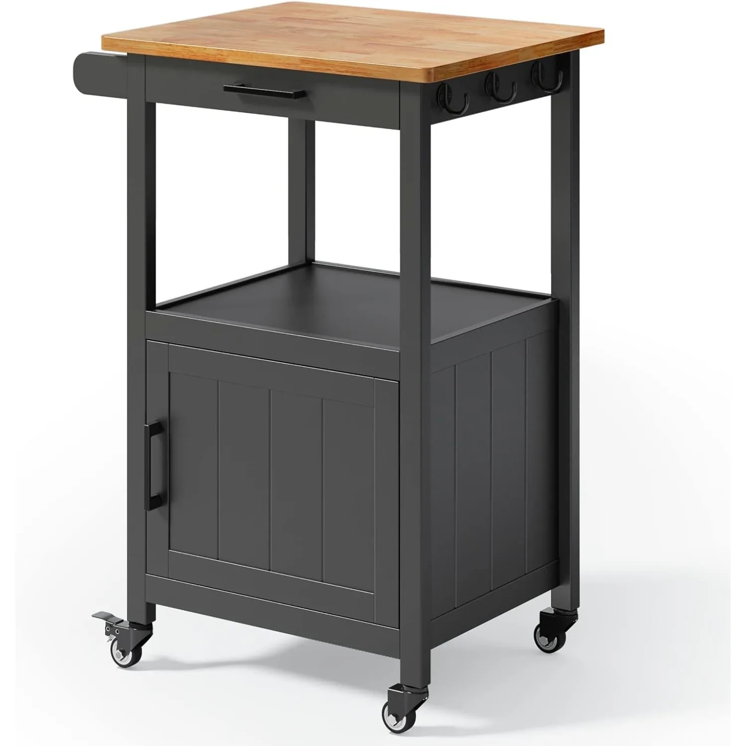 

Kitchen Island Cart on Wheels with Drawer,Storage Cabinet, Shelf and Side Hook, Rolling Kitchen Cart with Rubber Wood Countertop