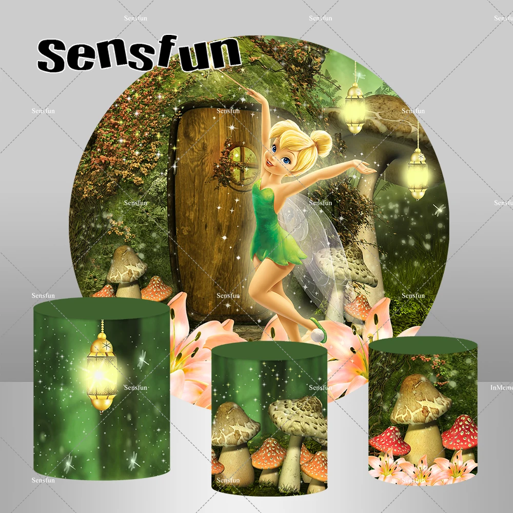 Forest Fairy Tinker Bell Round Backdrop Cover for Girls Baby Shower Newborn Birthday Party Decoration Plinth Covers Customized