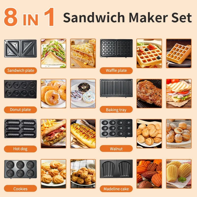 8-in-1 Multifunctional Breakfast Maker Waffle Iron Sandwich Pancake Steak Cake Machine for Home Use