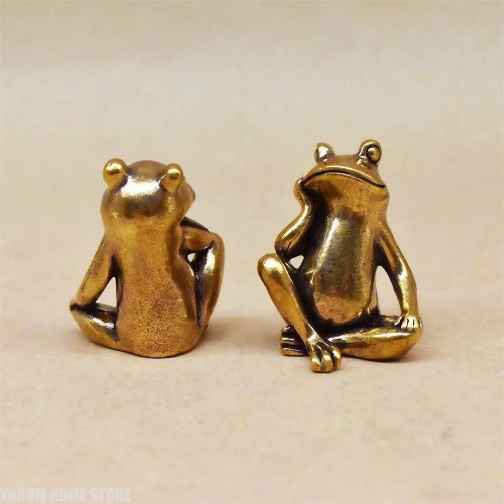 Brass Thinking Frog Figurine Vintage Copper Animal Frog Statue Desktop Ornament Home Office Decoration Craft Gift