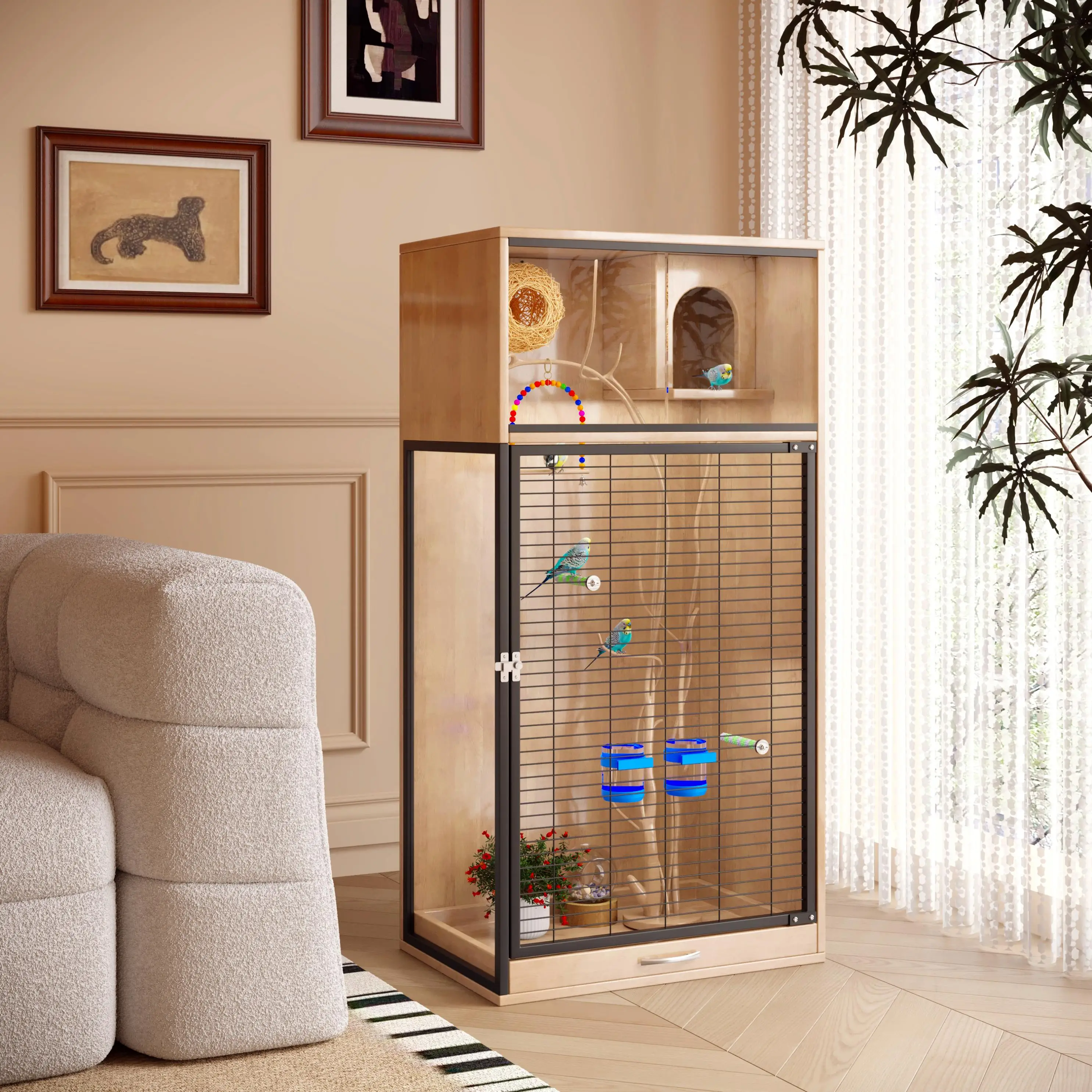 

For Indoor Solid Wood Glass Bird Aviary Modern Handmade Bird House