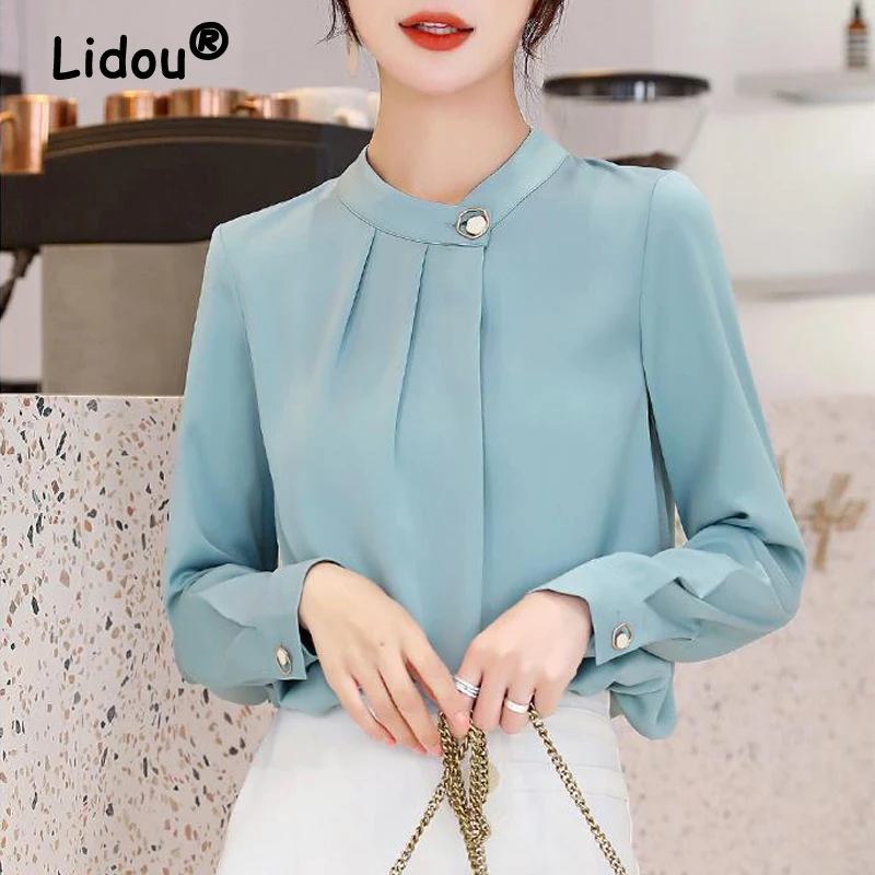 Ruffled Elegant Chic Stand Collar Office Lady Shirt New Korean Fashion Solid Long Sleeve Business Casual Top Blouse Women Blusas