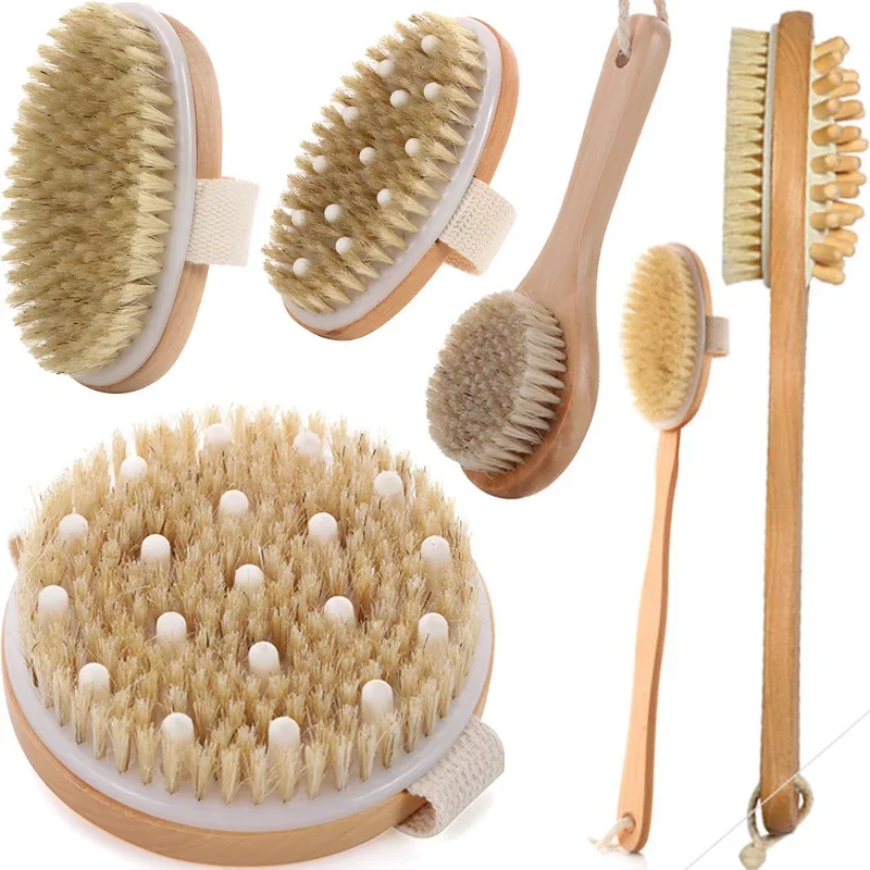 Wooden Detachable Long Handle Shower Body Brush Bathing Massage Back Body Exfoliating Brushes Bathroom Wash Brush Bath Tools 1Pc