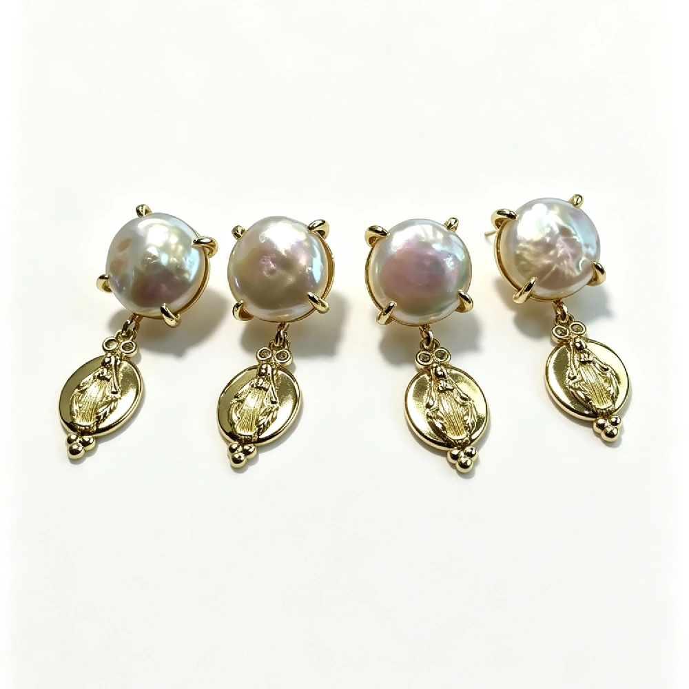 1PC Baroque Freshwater Pearl Dangle Earrings Women Religious Portrait Coin Drop Jewelry Gold Plated E2R676