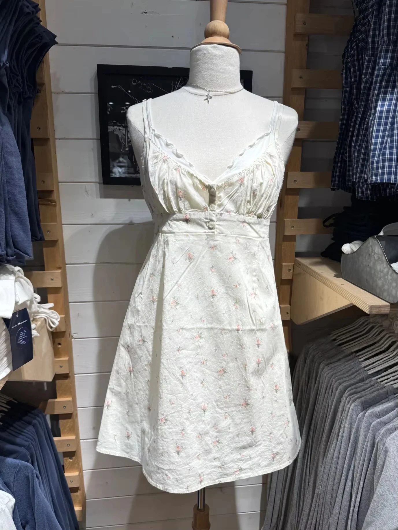 Kwiatowy nadruk Koronkowe wykończenie Dekolt w szpic Mini sukienka Kobiety Lato Casual Guziki A-line Krótkie kamizelki Śliczne słodkie sukienki w stylu Preppy Y2K