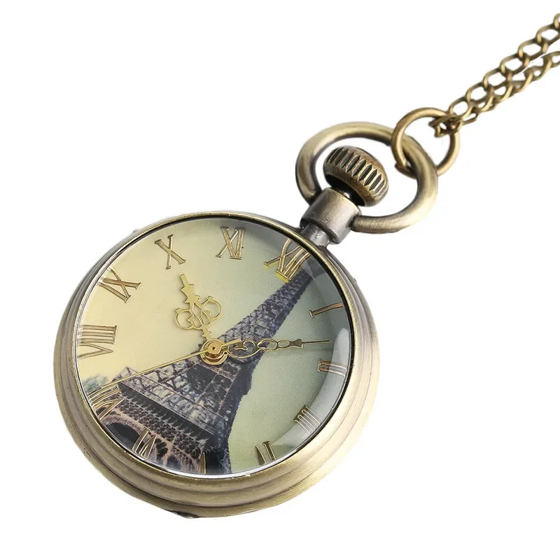 Retro Eiffel Tower Dial Men Women Quartz Pocket Watch Roman Numeral Watches Necklace Pendant Chain Clock Open Face Timepiece