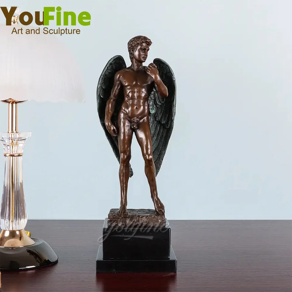 

15“ Bronze Sculpture of The Winged David Famous Winged David Bronze Statue Angel Man David Nude Figurine Antique Art Home Decor