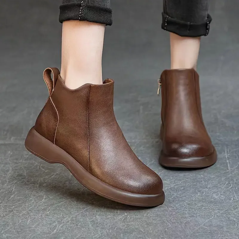 

Women Leather Boots Fashion Round Head Ankle Boots Designer Platform Boots for Woman Luxury Plush Warm Winter Shoes Botas Mujer
