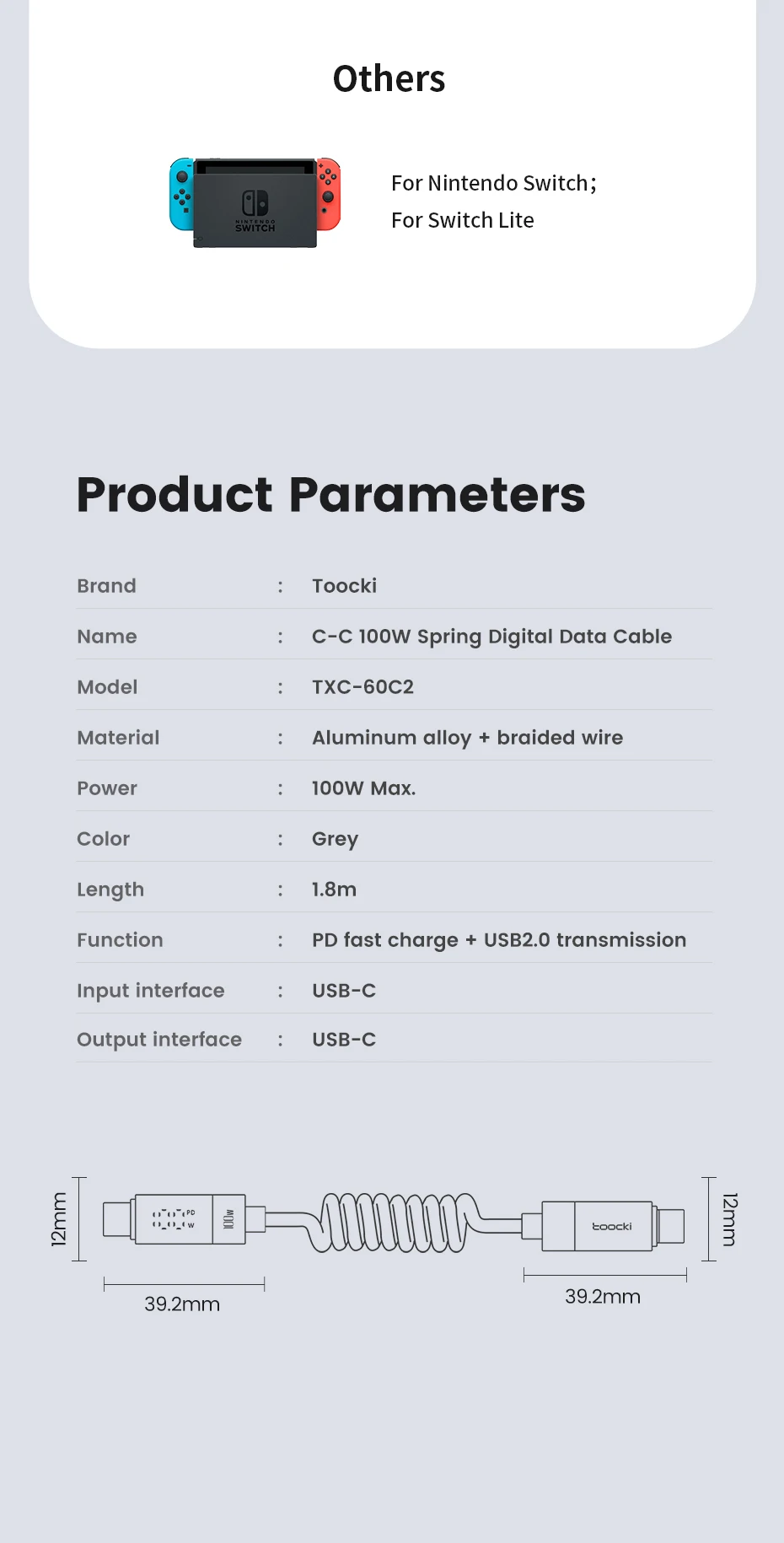 Toocki 100W PD Spring Coiled USB‑C to USB‑C Cable For Macbook iPad Samsung Galaxy Huawei Fast Charging LED USB Type C Data Cord
