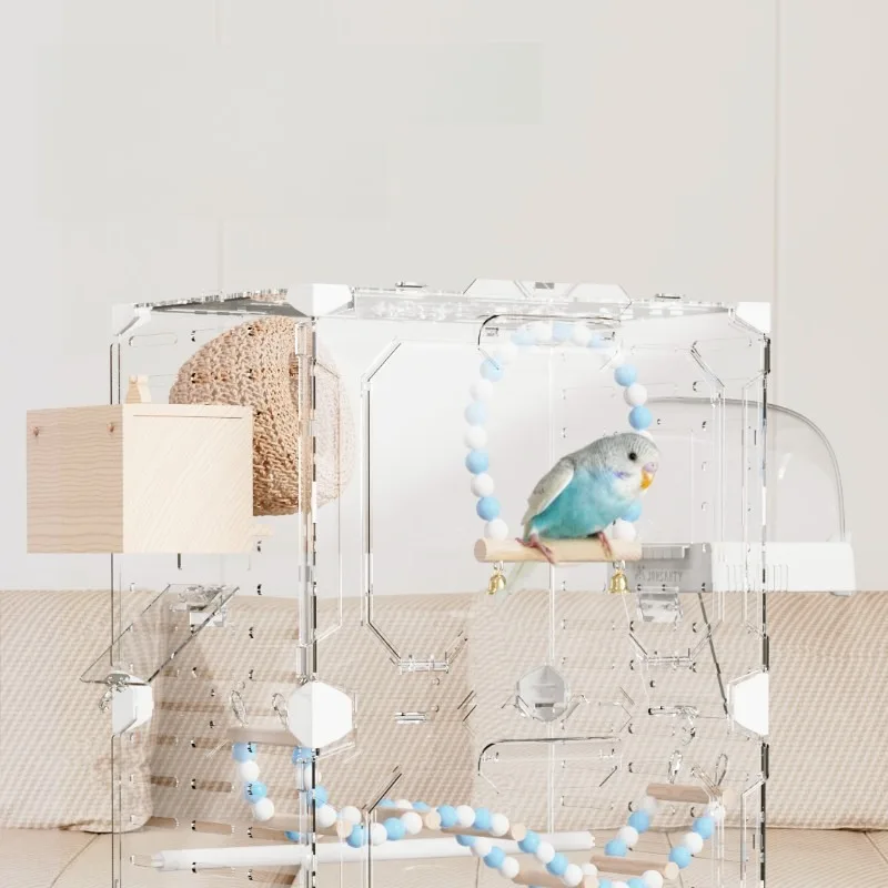 Acrylic Panoramic Transparent Parrot Cage, Large Villa for Cockatiels Budgies Lovebirds Finches, Rounded Corners Easy-Clean Tray