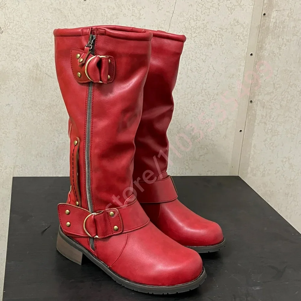 2026 Red Vintage Mid-Calf Boots for Women Low Heel Side Zip Boots with Buckle Decor Fashion Casual Boots for Autumn and Winter