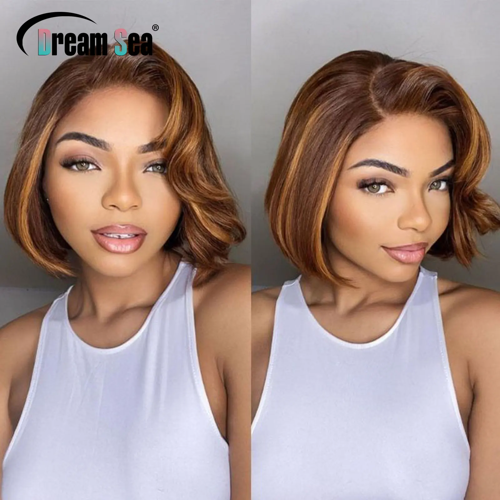 200 Density Blonde Highlight Short Bob Human Hair Wigs C Part 13x4 Lace Frontal Wig Pixie Cut Cut Brazilian Remy Hair For Women