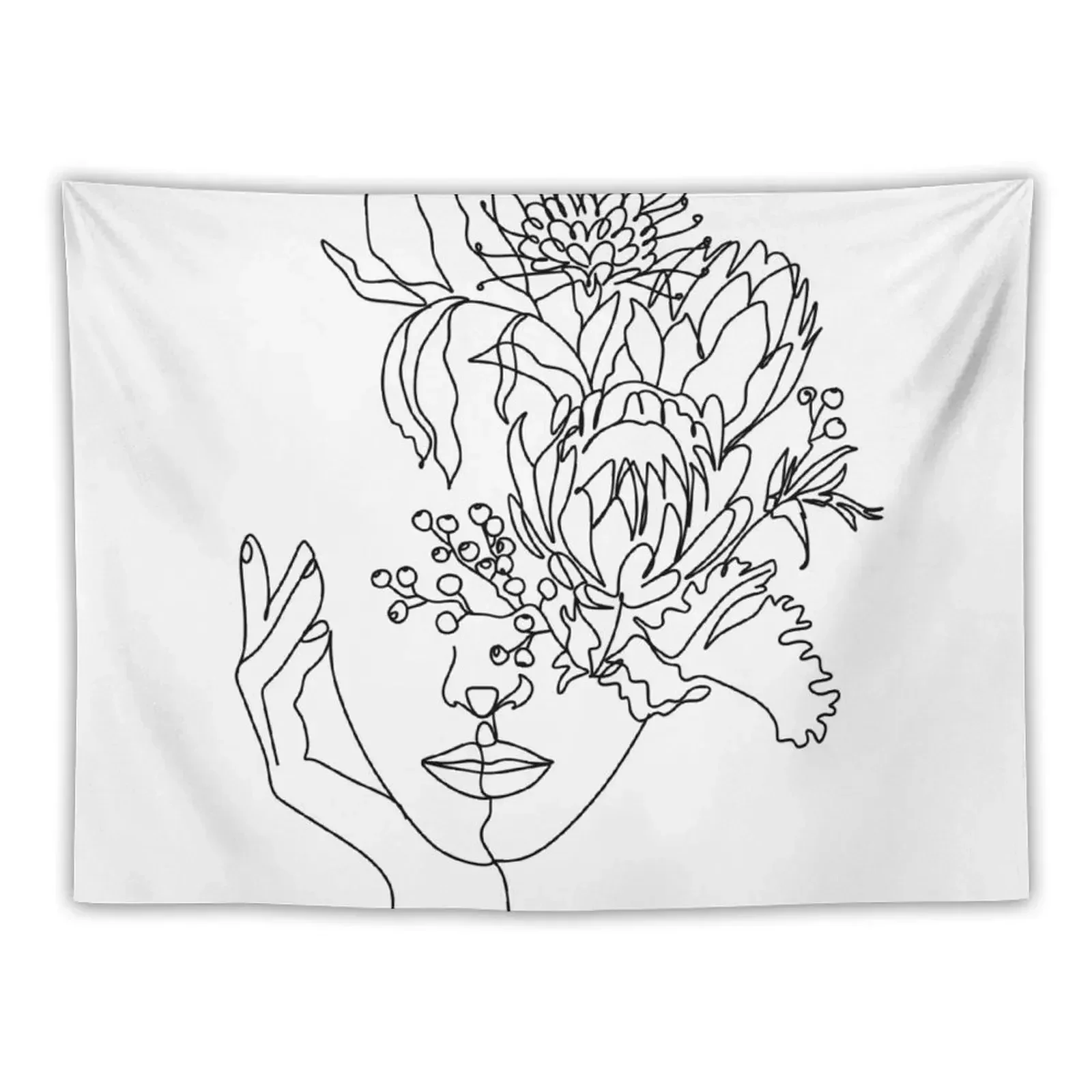 Woman with flowers by line art drawing. Portrait minimalistic style. Botanical print. Flower head. Tapestry