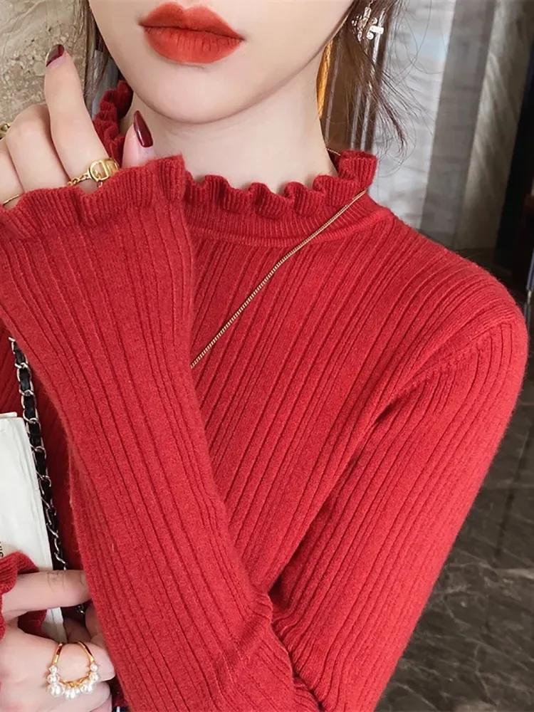 Korea Elegant Solid Basic Knitted Tops Women Turtlneck Sweater Casual Slim Pullover Korean Fashion Simple Chic Ruched Clothes