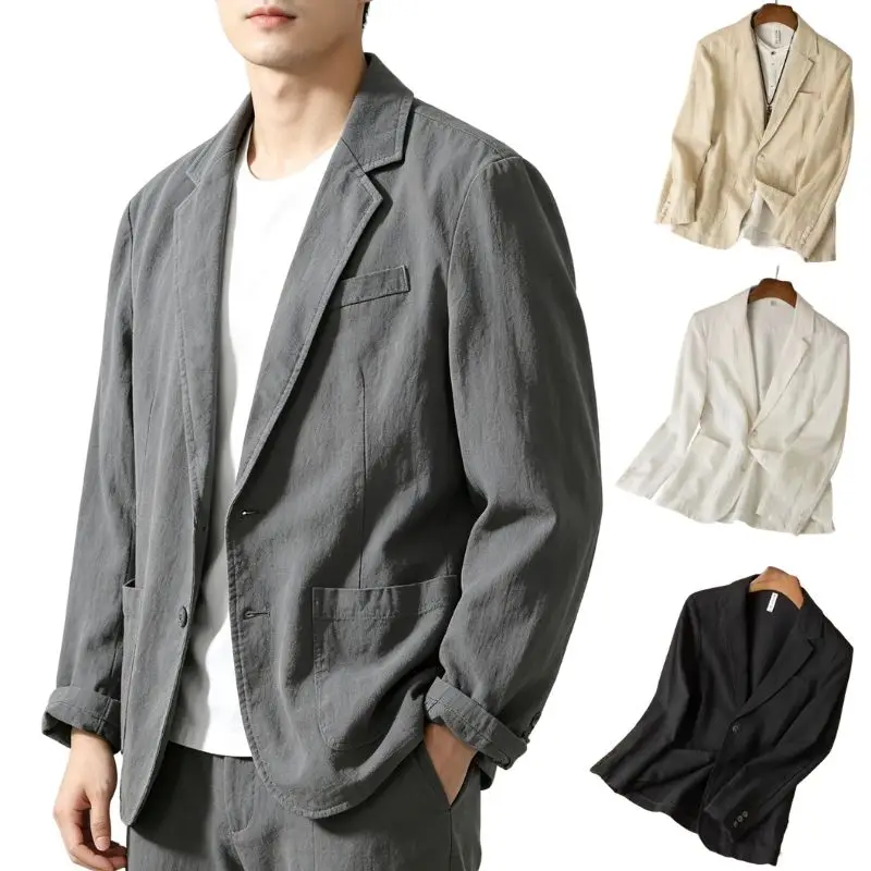 MMen Pure Cotton Fashion Casual Single‑Breasted Lapel Blazer, Lightweight Breathable Solid Suit Top for Office Daily Wear