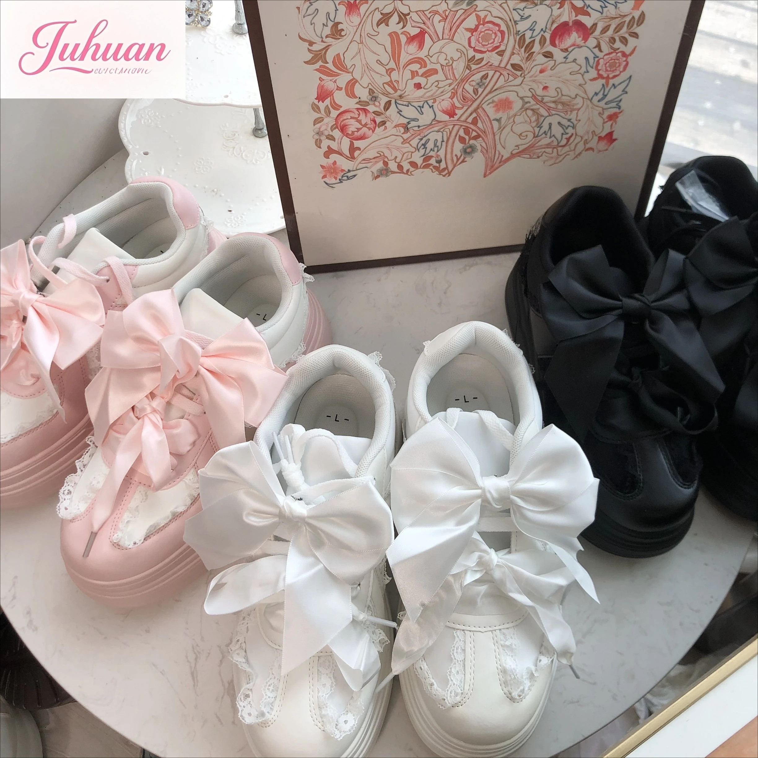 

Japanese Lace Ribbon Double Bow Platform Sports Single Shoes Soft Girl Cute Sweet Lolita Muffin Bottom White Shoes for Women
