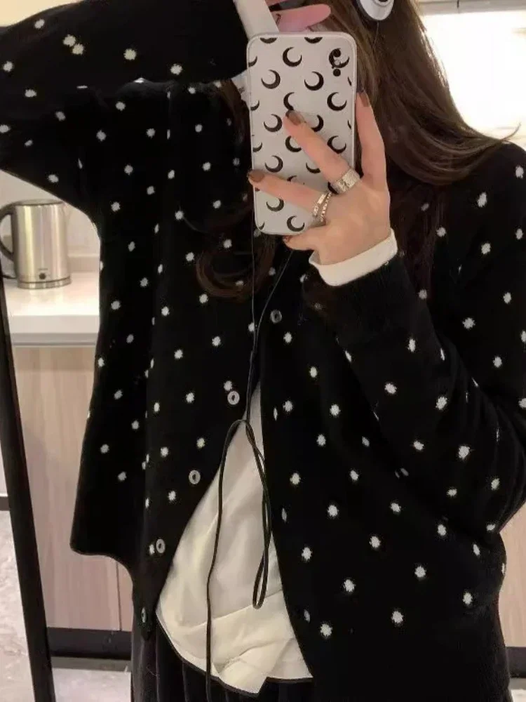 

Elegant Cardigan Women 2025 Autumn Clothing Fashion Wave Point Sweater Y2K Top Long Sleeve Knitted Crop Sweaters Coat Pull Femme