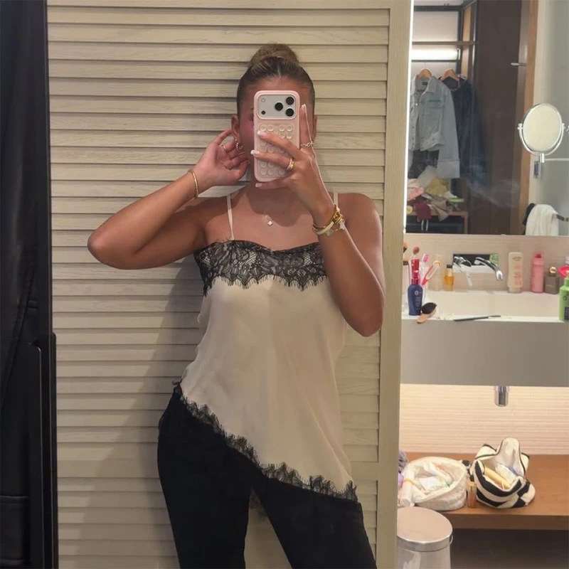 Off-White Satin Cami Top for Women, Spaghetti Straps with Black Lace Trim Asymmetrical Hem Elegant Romantic Date Night Party Top