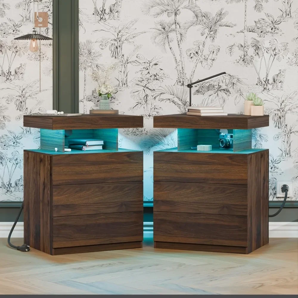 

Nightstands with Wireless Charging Station LED Set of 2, 3 Drawers Walnut Wood End with Open Shelf Smart, Light Bedside Cabinet