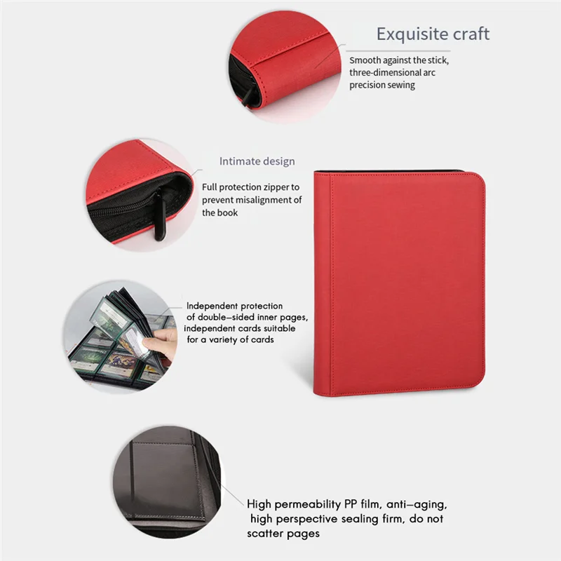 

AED7-9 Pockets Game Card Book Card Side Loading Binder Game Zipper Card Album Fixed Pockets Pages With 360 Pockets Red