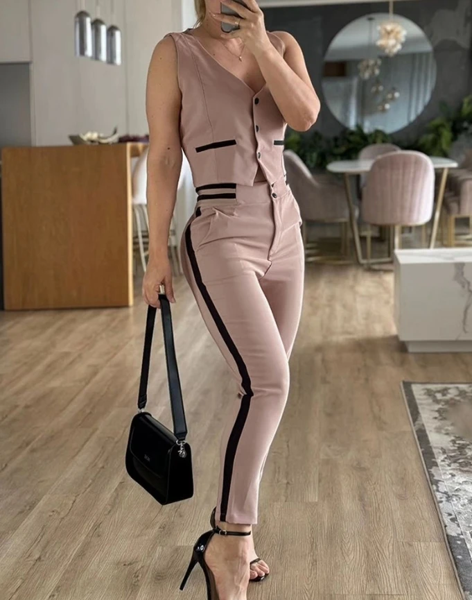 

Women's Striped Sleeveless Slim Fit Front Button Vest Set Contrast Binding High-Waisted Cropped Skinny Pants Casual Set