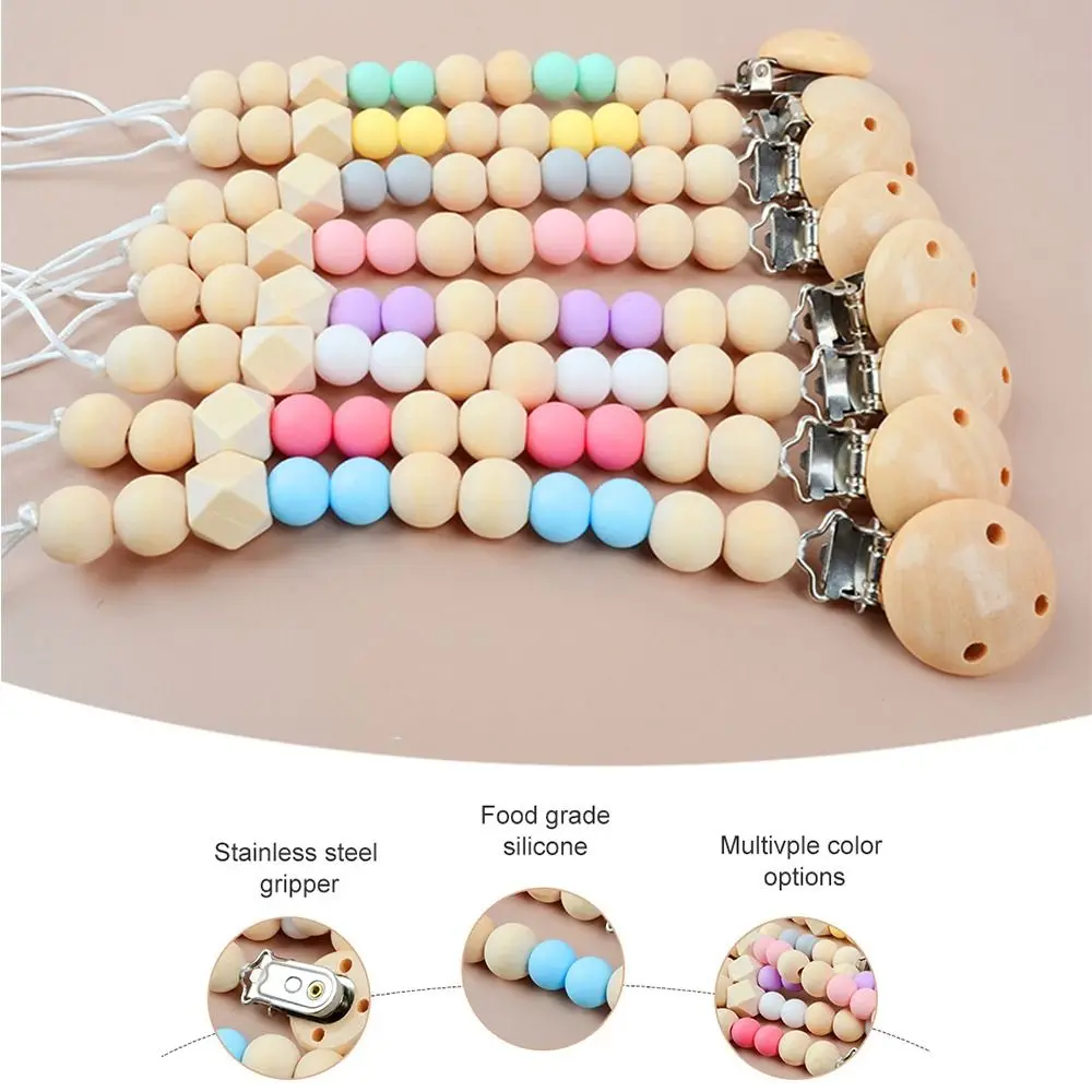 Dummy Clips Pacifier Holder Clips Wood Round Space Beads Baby Pacifier Chain Soother Holder Nipple Holder Clips