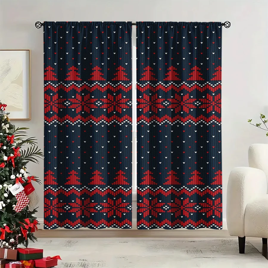2PCS Christmas Winter Curtains, Navy Fair Isle Knit Tree Snowflake Geometric, Digital Print, Bedroom Living Room, Home Decor