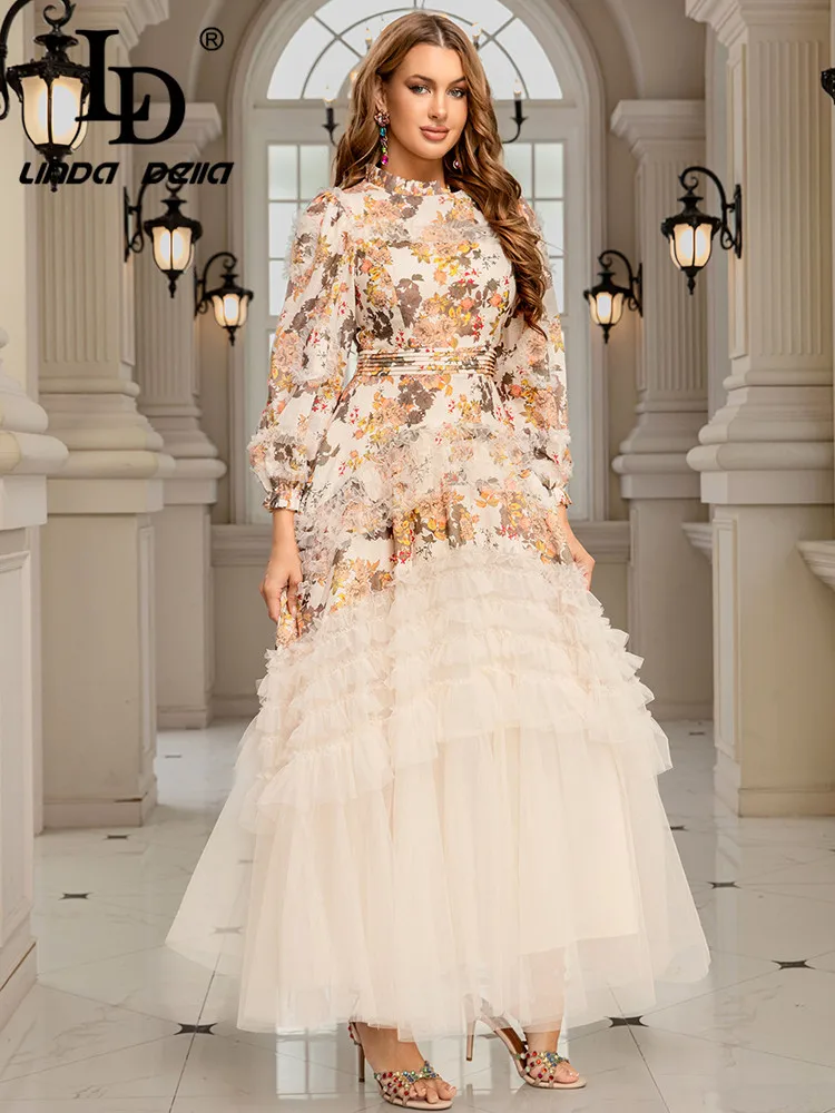 فستان LD LINDA DELLA بتصميم ممتاز للنساء مطبوع عليه أذن خشبية شبكية على طراز القصر الفرنسي بأكمام الأميرة