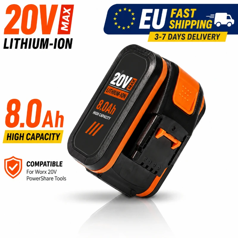 Hochleistungs-Lithium-Ionen-Ersatzakku mit 20V und 8000mAh, kompatibel mit Worx Elektrowerkzeugen WX390 WX176 WX166.4 WX372.1 WX800 WX678 WX550 WX532 WG894E WG629E WG329E. Wiederaufladbarer Akku mit