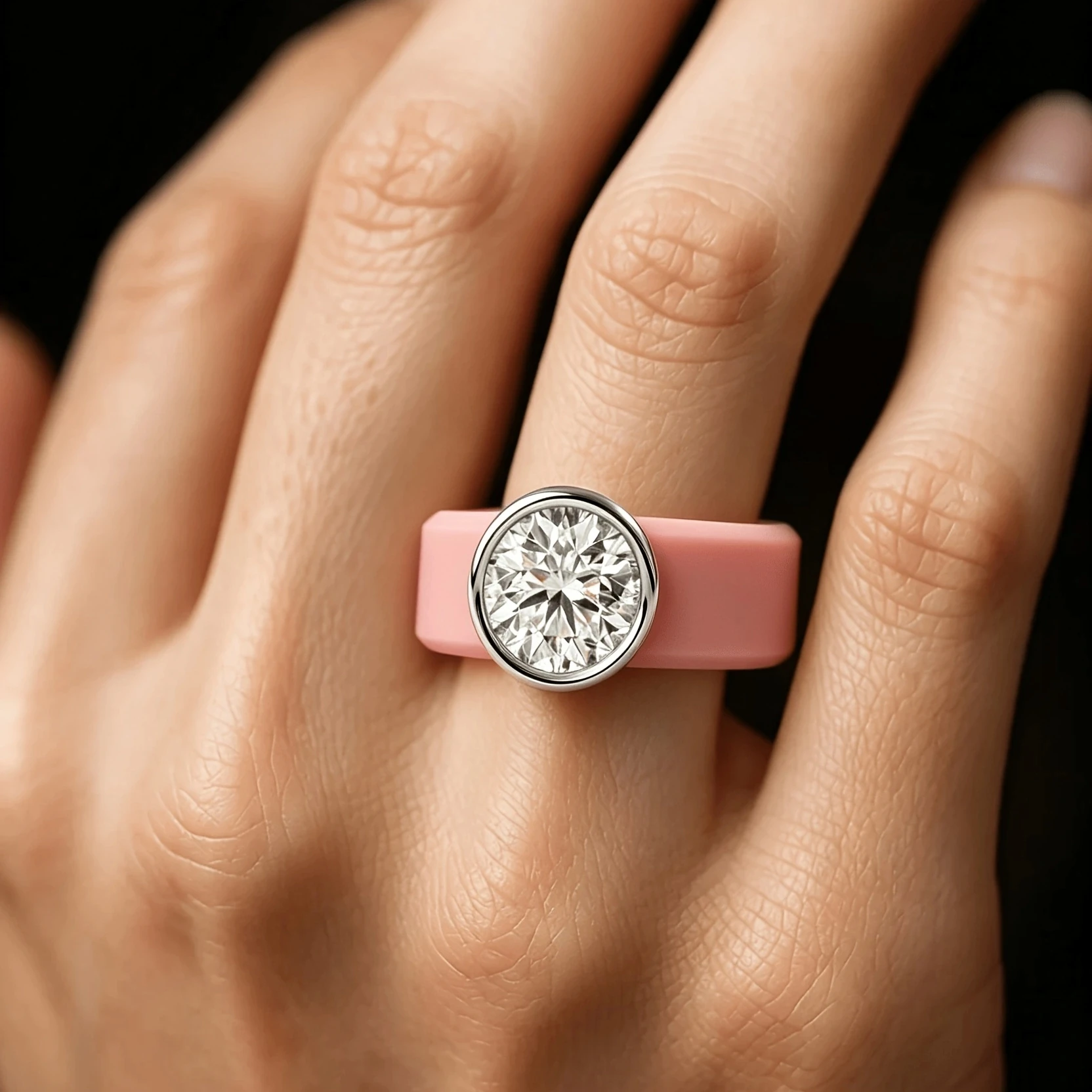 1pc Pink Round Edge Silicone Ring, Set with Sparkling CZ, Low Allergenicity, Suitable for Daily Wear.