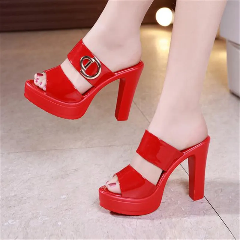 High heels Platform Slippers Summer Shoes  Solid High Heels Slides Women Office OL Fashion Big Size 32-43 Open Slippers