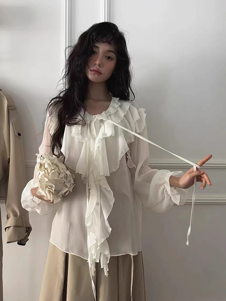 リアンリアン重工業 エッジサッシュ レディースシャツ 春新作 ゆったり 薄手 ベルスリーブ シフォン トップス 韓国風 長袖 丸首