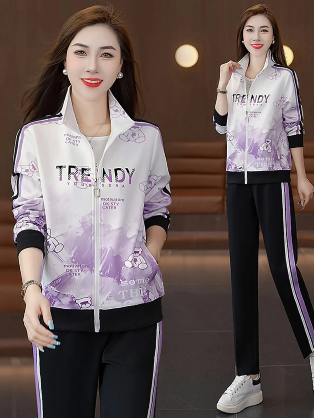 

Women's Fitness Casual Three-piece Set Spring Autumn Loose Print Large Size Versatile Sportswear Long Sleeve Long Pants