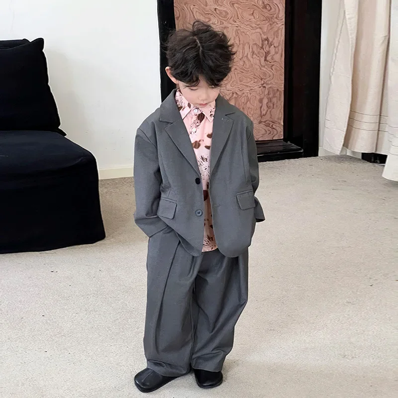 Boys Blazer Sets Autumn Casual Loose Grey Jacket Pants 2 pcs School Children Suit Wedding Uniforms Performance Clothes for Kids