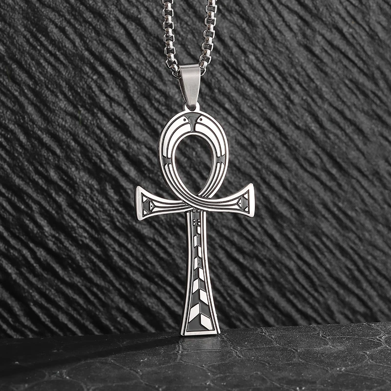 Ancient Egyptian Cross Life Key Pendant Necklace Retro Pharaoh Patron Saint Amulet Stainless Steel Jewelry for Men and Women 