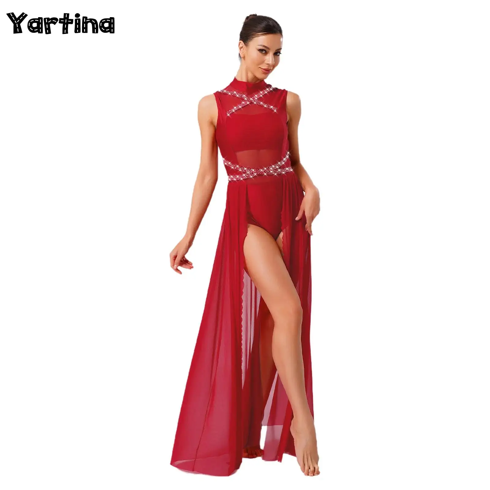 

Женский гимнастический балетный трико со стразами, костюм для фигурного катания, современное лирическое танцевальное платье с струящимися сетчатыми юбками с разрезом