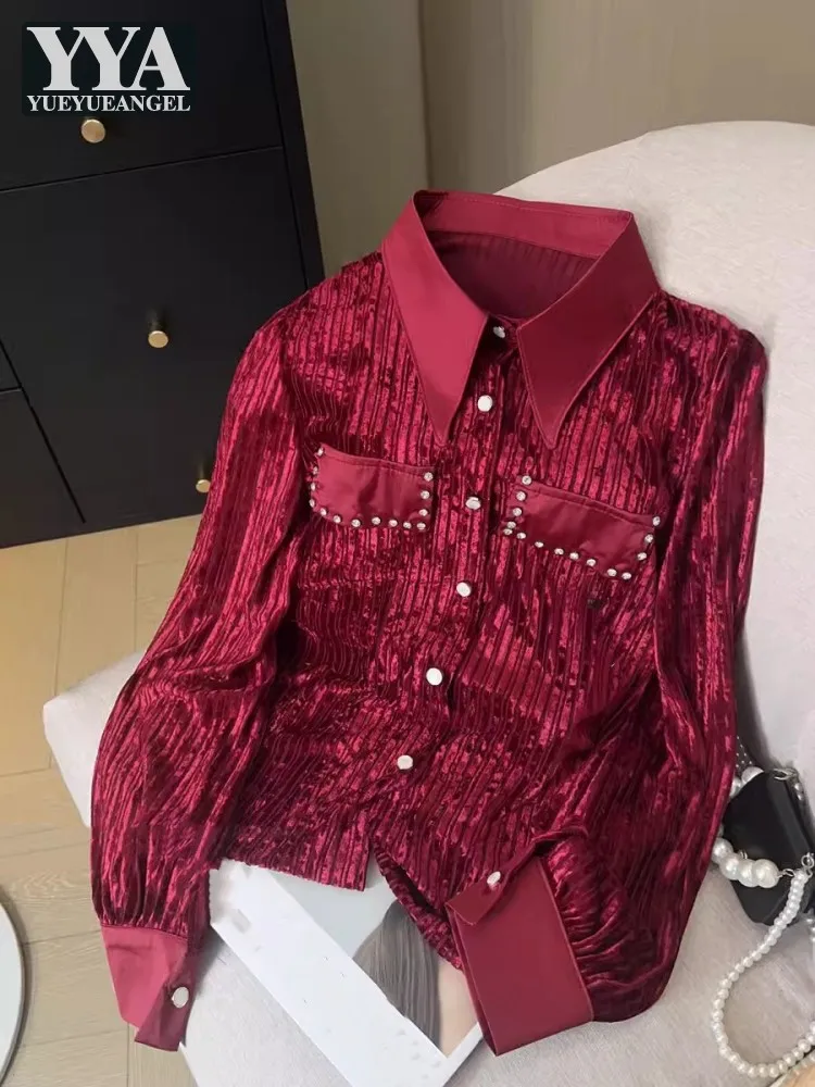 New Spring Office Ladies Velvet Shirt Single Breasted Fashion Diamonds Long Sleeve Turn-Down Collar Casual Shirts Women Blouses