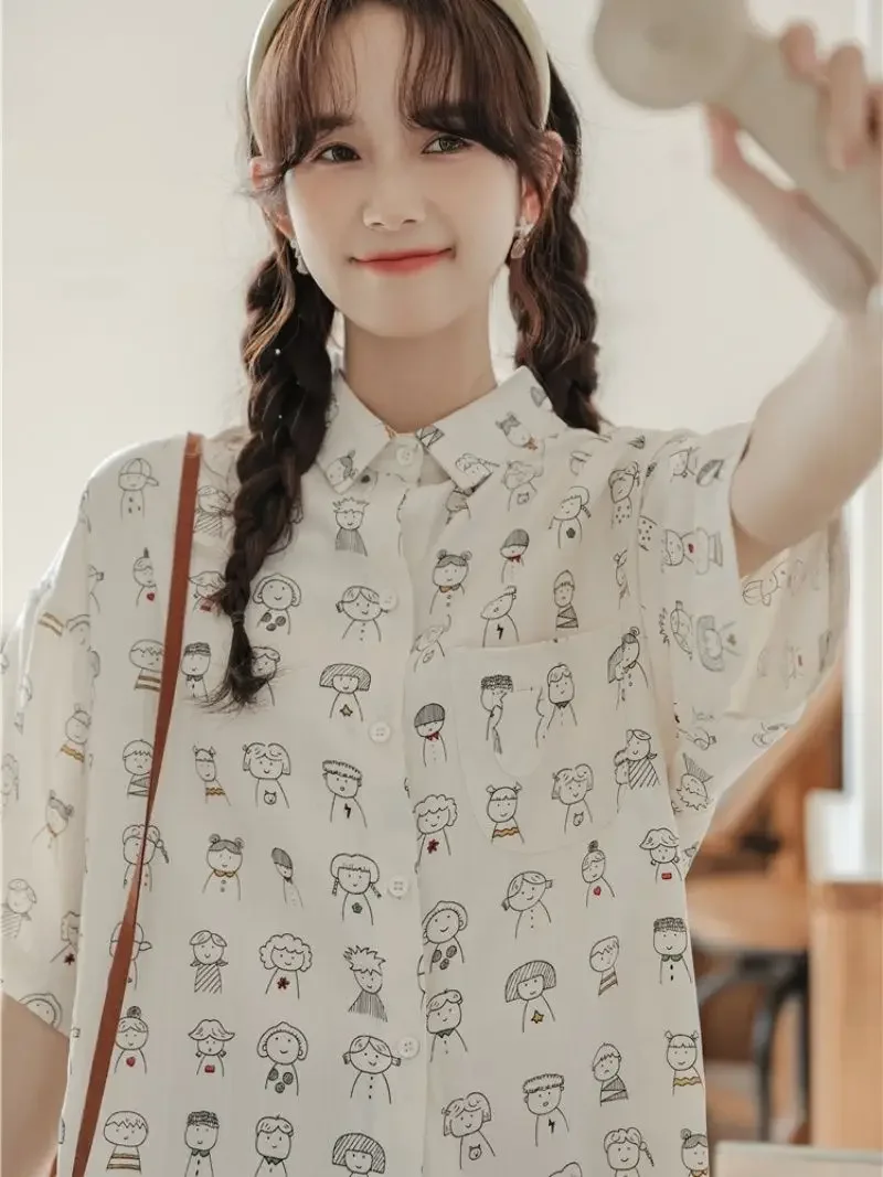 Harajuku Kawaii White Cartoon Shirts for Students Japanese Y2K Comic Print Blouse Half Sleeve Oversized Loose Summer Lapel Tops