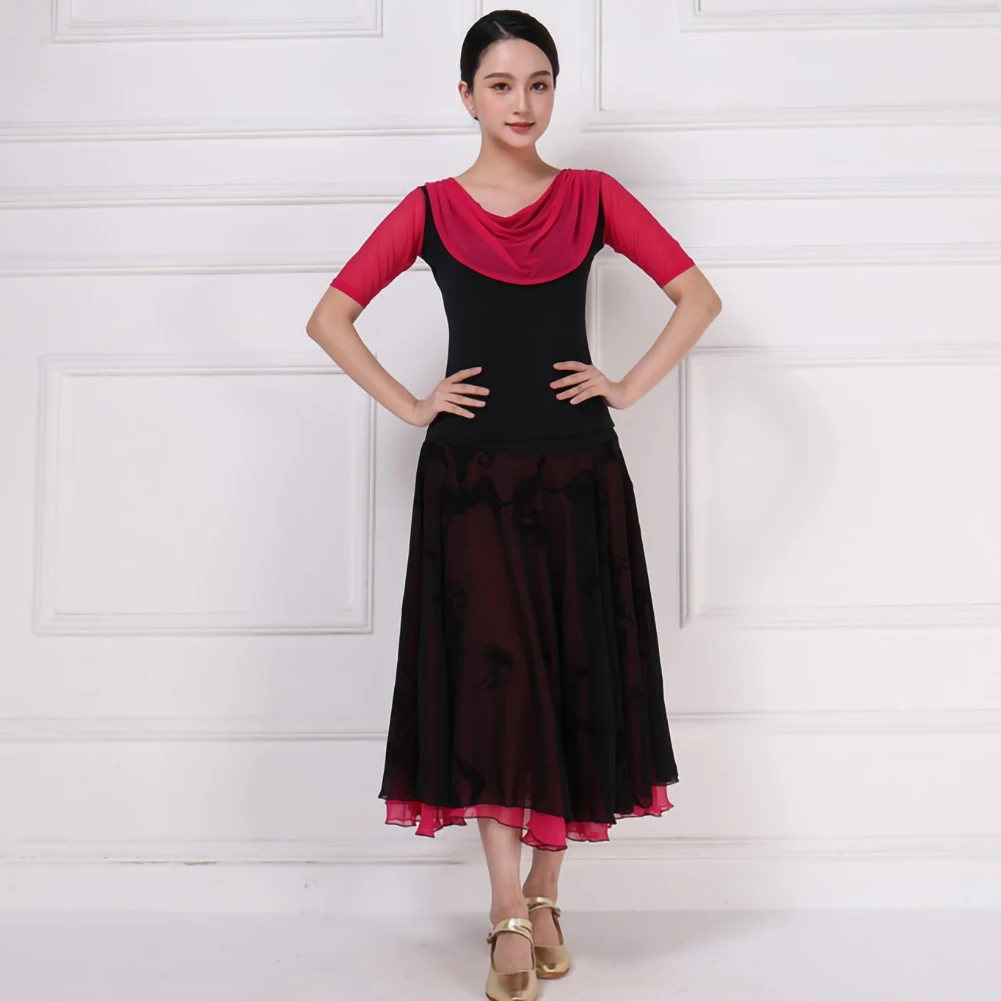 Rose Red Long Dress New Style Stage Costume Practice Clothes Ballroom Dance Suit Skirt Standard Competition Dresses Shirt Waltz