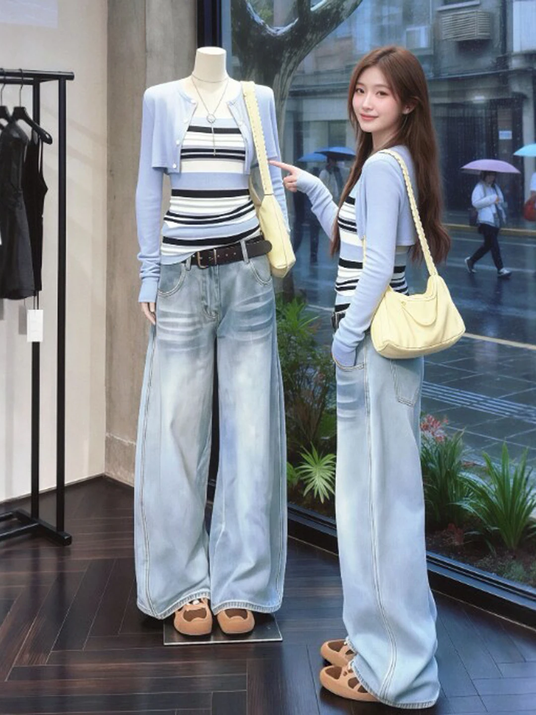 

Spring Faion Knitted Women's Set Stripe Design Warm And Sli Two-Piece Outfit Korean Sle round Ne Long Sve Cardigan