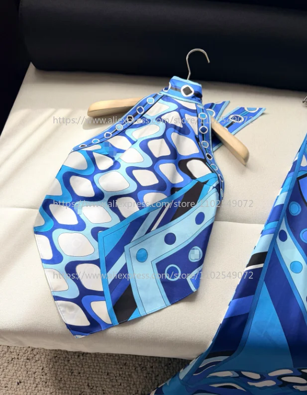 

Holiday 2026 Spring Summer Beach Style Blue Geometric Print Top and Straight-Leg Wide-Leg Pants Women Set Outfits