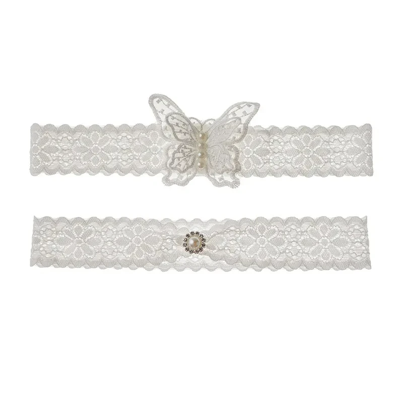 Popular White 2 Pieces Wedding Garters Butterfly Lace Bridal Garter Pearls Leg Ring for Bride