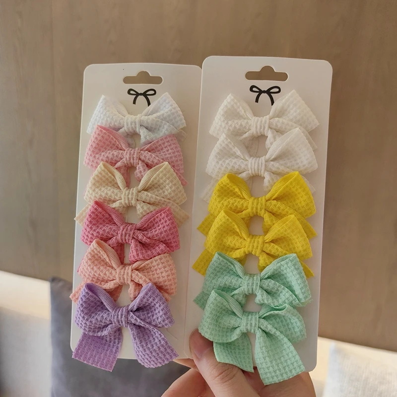 6PCS Soft Cotton Bow Hairpin Girl Sweet Plaid Design Hairpin Color Block Delicate Hairgripe Barrettes Kawaii Child Accessories