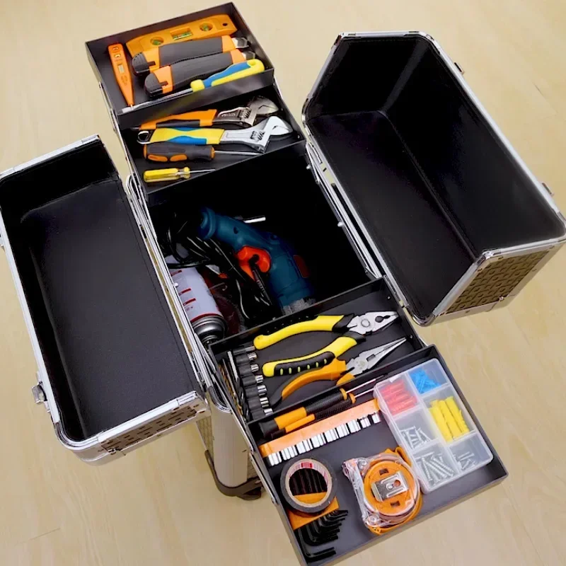 Caja de herramientas multifuncional grande para instalación y reparación, barra de amarre de belleza, carrito, caja de almacenamiento de Hardware manual