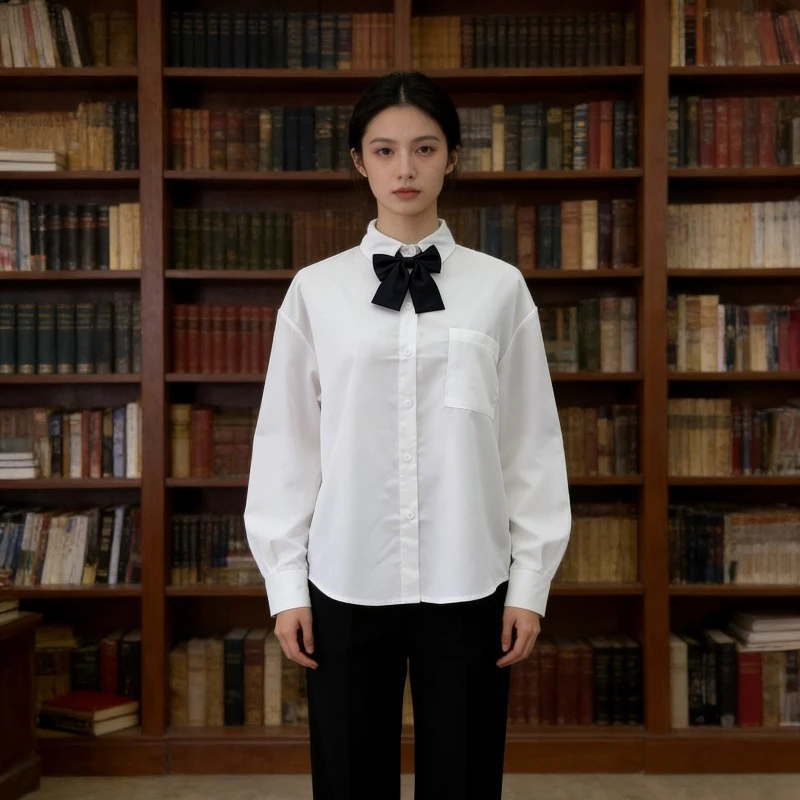 

E-BAIHUI One Pocket Women's Shirt Turndown Collar Single Breasted Bow Tie Design Blouse Spring Casual Comfortable Famale Top