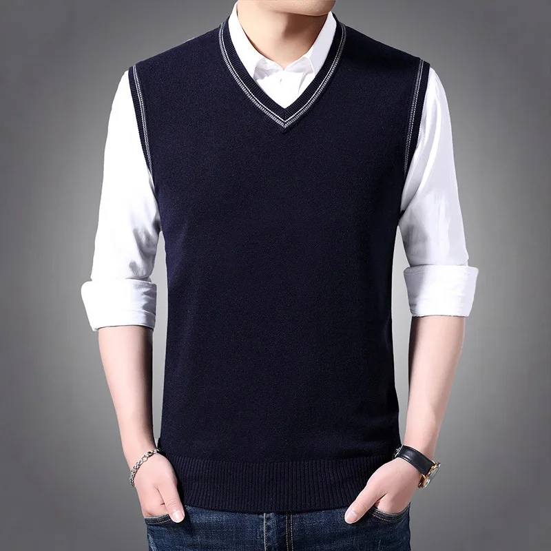 Men's wool vest business casual pullover V-neck warm and fashionable knitted sweater sleeveless shirt jacket