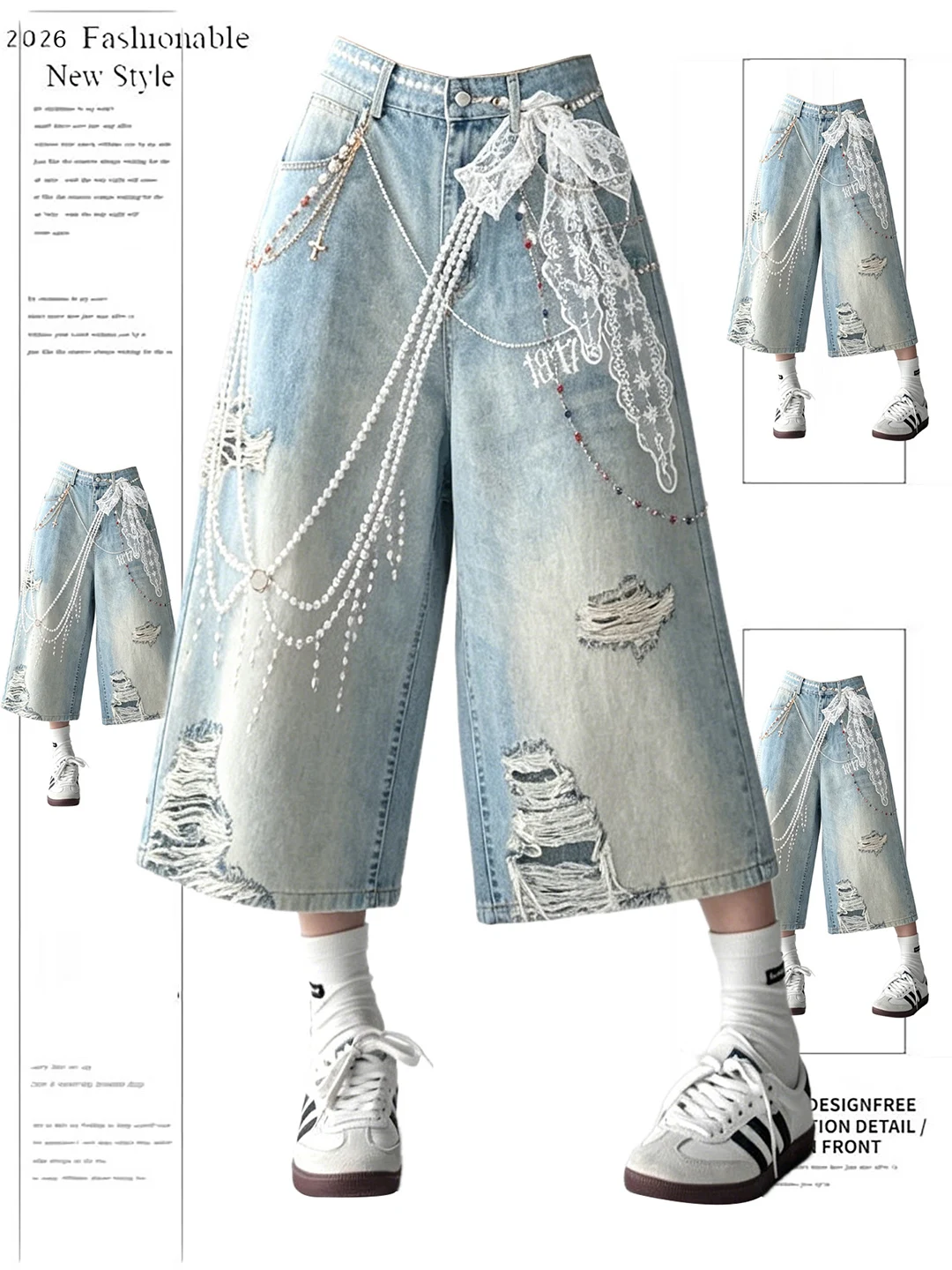 

Retro Design Pearl Print Denim Seven-Foot Pants Women Summer New Loose Washed Casual Shorts High Waist Wide Leg Blue Jeans